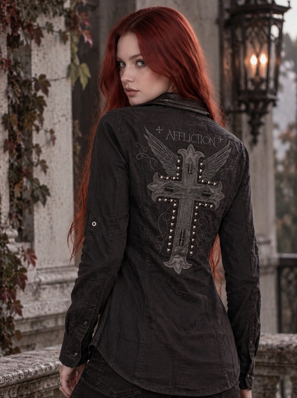 Affliction Black Premium Treasure Shirt XS Studded Cross Western Y2K NWT